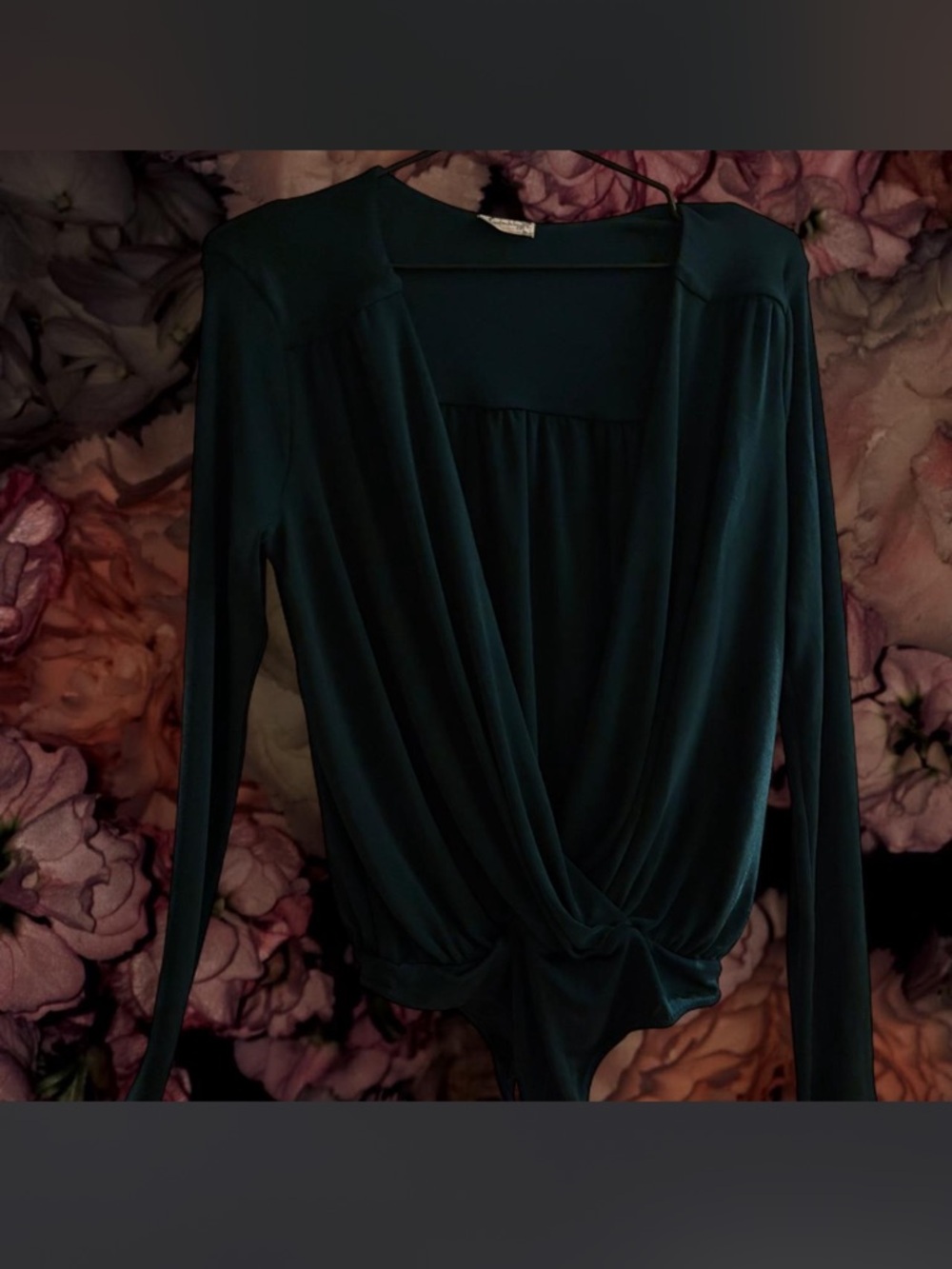 Deep Teal Long-Sleeve Draped Wrap Bodysuit - Women
